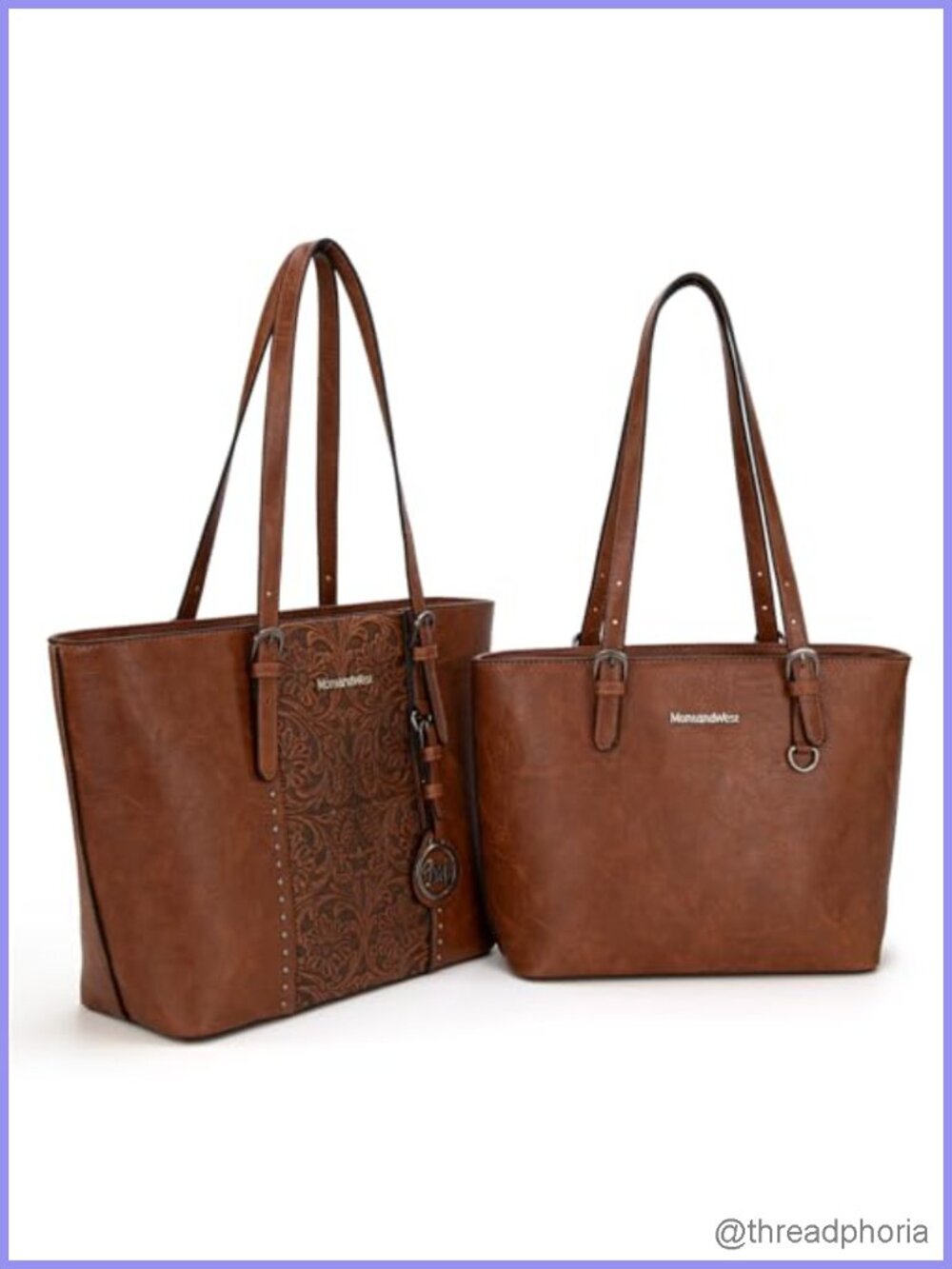 Vegan Leather Tote Bag Set Vintage Embossed 2pc Shoulder Purse